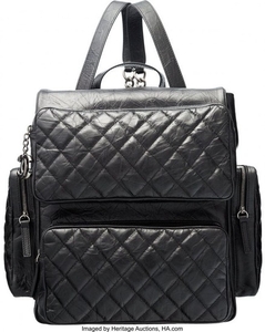 16055: Chanel Black Aged Quilted Lambskin Leather "Casu