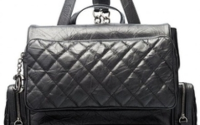 16055: Chanel Black Aged Quilted Lambskin Leather "Casu
