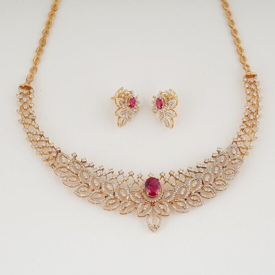 18 K Yellow Gold Diamond & Ruby Necklace with Earrings