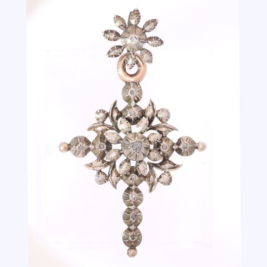 18 kt. Pink gold, Silver - Pendant, Typical Belgian Antique Victorian cross, Anno 1870 - Diamond - NO RESERVE PRICE