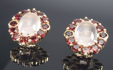 18 kt. Yellow gold - Earrings - 3.60 ct Garnet - Pink quartz