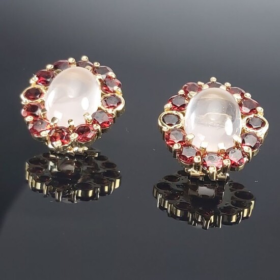 18 kt. Yellow gold - Earrings - 3.60 ct Garnet - Pink quartz