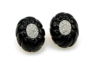 18K 2 Tone Gold Carved Onyx & Diamond Fashion Earrings