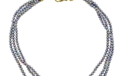 18K Gold Diamond Pearl Three Strand Necklace