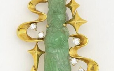 18KT GOLD, CARVED JADE AND DIAMOND PENDANT/BROOCH