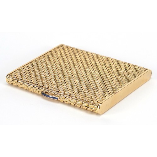 18ct gold basket weave design cigarette case with blue sapph...