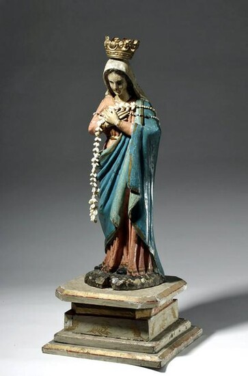 18th C. Spanish Colonial Wood Santo - Mary w/ Rosaries