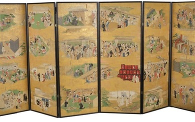 18th century Japanese 12 months 6-panel floor screen depicting landscapes and court scenes with