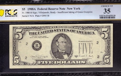 1988 A $5 FEDERAL RESERVE NOTE NEW YORK INSUFFICIENT INKING ERROR PCGS B VF 35