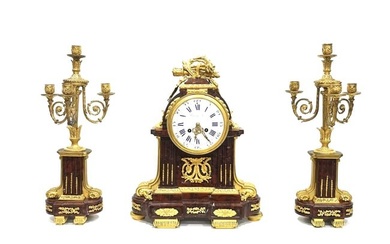 19th Century French Louis XVI Style Garniture Gilt Bronze Clock Set