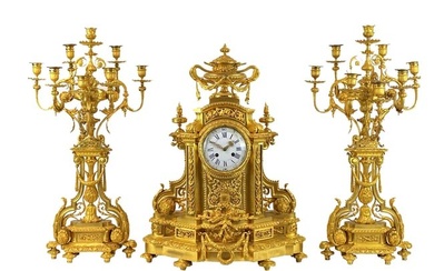 19th Century Large French Gilt Bronze Clock Set