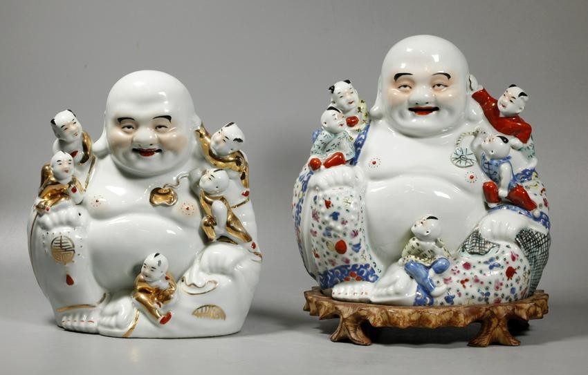2 Chinese Enameled Porcelain Bodhi Buddhas