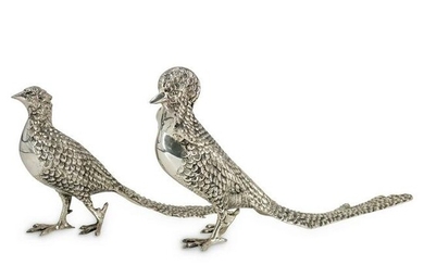(2 Pc) Silver Plated Pheasant Sculptures