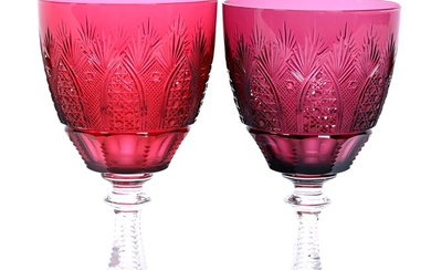 (2) Wine Stems, Cut Glass, Color Cased Bowls