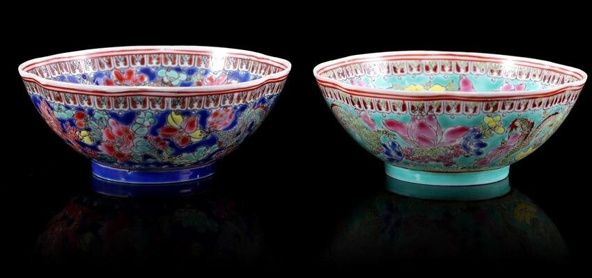 2 porcelain eggshell bowls with red dragon decor