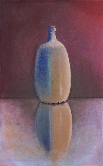 20th Century School, Table Top Still Life of a Bottle, Oil on Canvas, Framed: 26-1/2 x 17-1/8 in