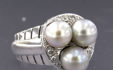 18 kt. White gold - Ring - 0.23 ct Diamond - Pearl