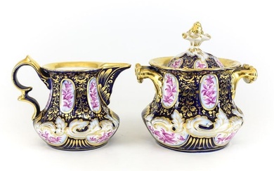 2pc Continental Porcelain Cream Sugar bowl Hand Painted Gilt 19th Century
