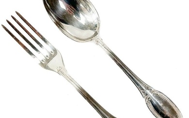 2pc Italian Sterling Silver Serving Spoon and Fork Scrolled Palm Leaf 556 FI