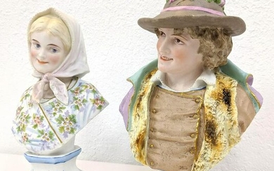 2pc Painted Porcelain Figural Busts. 1) Woman marked M.