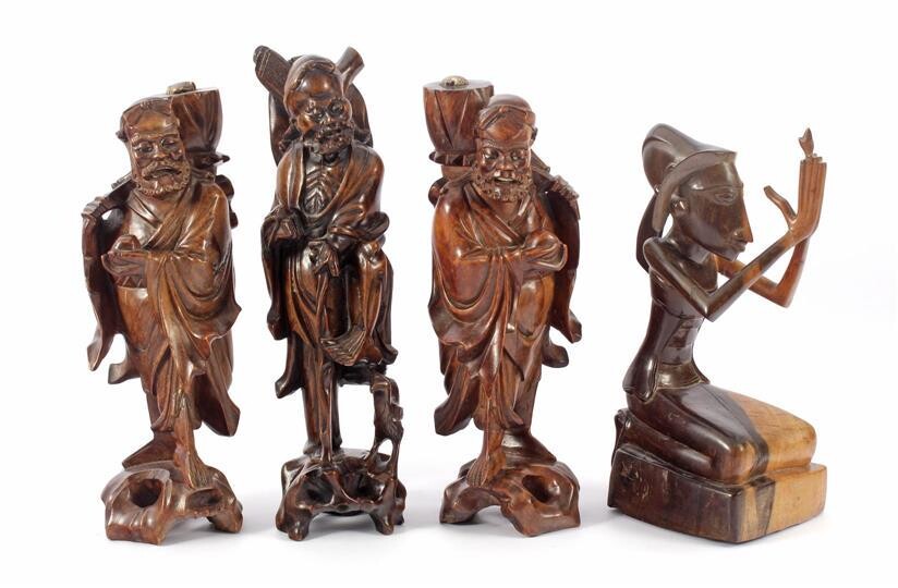 3 Asian wooden bombarded statues