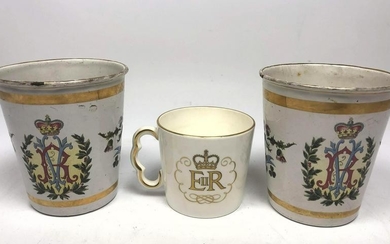 3pc Coronation Lot. Two metal cups depicting Queen Vic