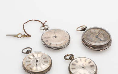 4 ANTIQUE MEN'S POCKET WATCHES WITH SILVER CASES, key assignment, second half of the 19th century.