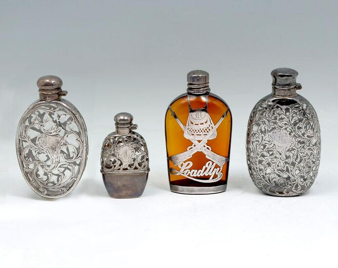 4 PIECE STERLING SILVER OVERLAY FLASK COLLECTION