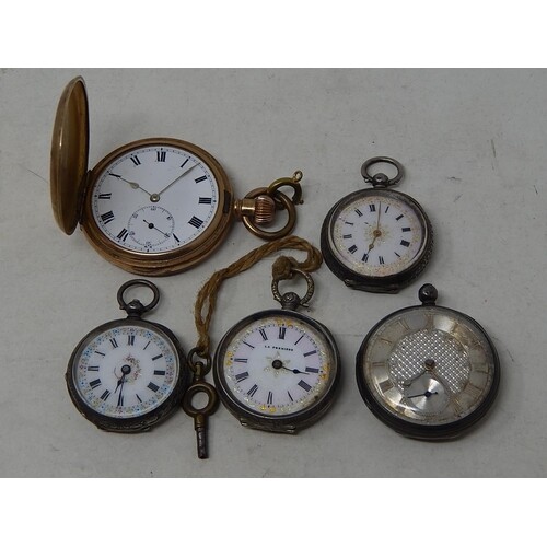 4 x Vintage Silver Pocket watches & a gold-coloured Pocket W...