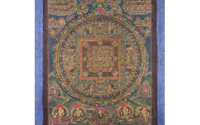 A thangka depicting numerous deities. Ink and colours on cloth, mounted on blue silk, framed (slight defects) Tibet, 19th/20th century...