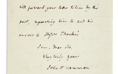 NEWMAN, JOHN HENRY; CARDINAL. Autograph Letter Signed, "JohnH Newman," to E. Lethbridge, granting...