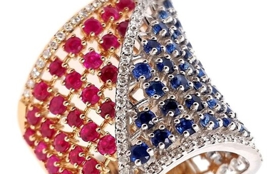 4.84ct Natural Rubies and Sapphires and 0.38ct Natural Diamonds - IGI Report - 18 kt. White gold, Yellow gold - Ring