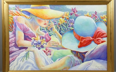 Two Women in Garden, Oil on Panel