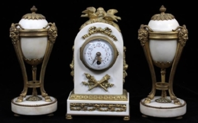 FRENCH BRONZE & MARBLE MANTEL CLOCK & CASSOLETTES