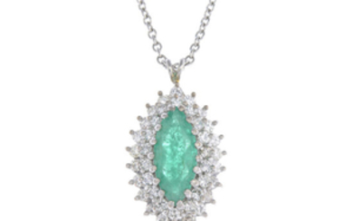 An 18ct gold emerald and diamond cluster pendant, on chain.