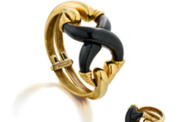 An 18k gold and onyx bangle and ring suite,, Tiffany & Co.