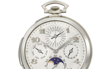 Audemars Piguet. An extremely fine and very rare ultra thin 18K white gold openface minute repeating perpetual calendar keyless lever watch with moon phases, SIGNED AUDEMARS PIGUET, GENÈVE, NO. 32'703, MANUFACTURED IN 1924