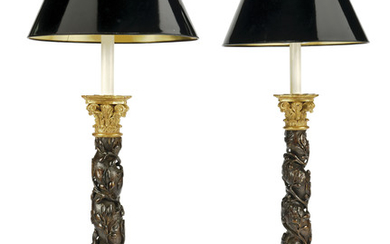 A PAIR OF CARVED FRUITWOOD AND PARCEL-GILT COLUMNS, LATE 17TH / 18TH CENTURY, PROBABLY SOUTH EUROPEAN