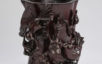 Chinese carved hardwood brush pot with birds, 9"h