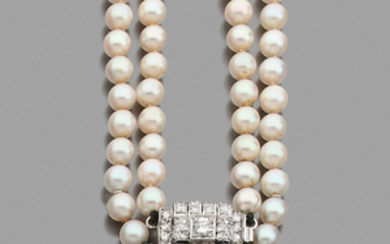 CIRCA 1930 CULTURED PEARL NECKLACE A cultured pearl, diamond and...