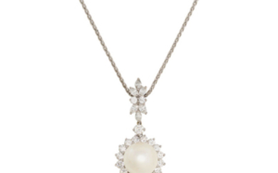 CULTURED PEARL AND DIAMOND PENDANT NECKLACE