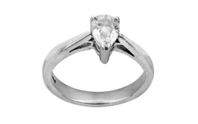 A diamond single-stone ring The pear-shaped diamond, in...
