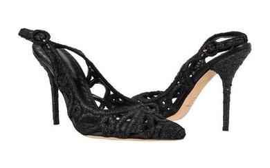 Dolce&Gabbana Shoe Black Rafia Cutout Flower Slingback