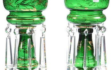 Pair Emerald Green Art Glass Candle Lustres