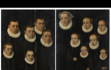 Flemish School of the 17th Century Family Portraits Pair of paintings, oil con panel 27x33 cm. (each) Label on the...
