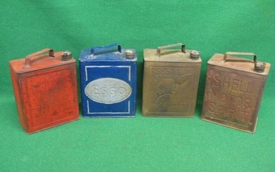Four 2 gallon fuel cans to comprise: Shell Motor Spirit with castellated Shellmex cap, Esso with Esso cap, plain with Esso...