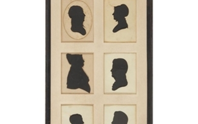 Framed group of six silhouettes some bear stamp of...