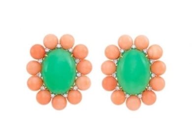 Pair of Gold, Green Chrysoprase, Coral and Diamond Earclips