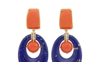 Pair of Gold, Lapis, Coral and Diamond Pendant-Earclips