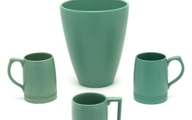 Keith Murray For Wedgwood Celadon Vase with Three Mugs.